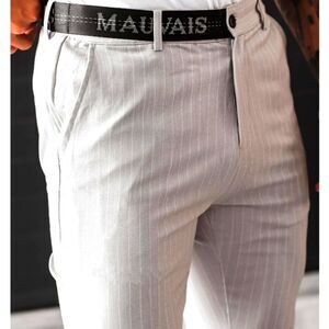 Mauvais Pinstripe Half Logo Belt Tapered Trouser Pants Sz 42 Nwt